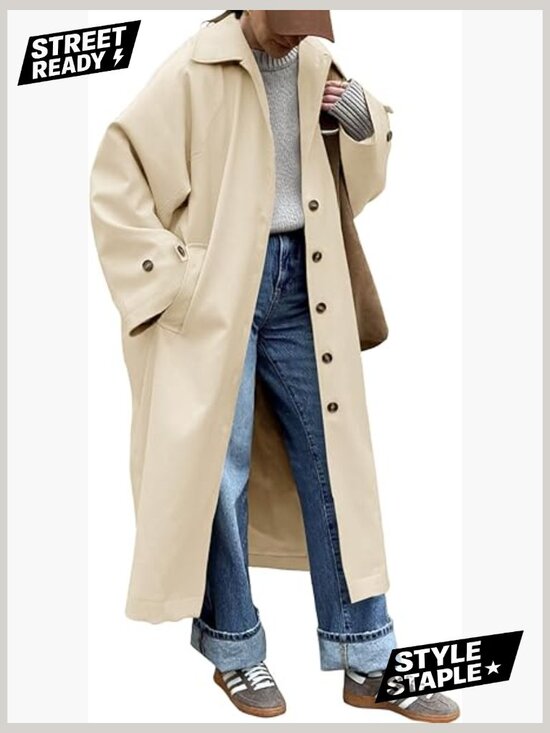 Jackets & Blazers - Oversized Long Trench Coat Single Breasted Windproof Lapel Fall Overcoat